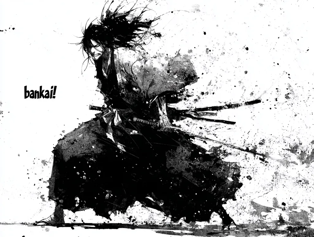 A monochrome illustration depicts a samurai in dynamic motion, his long hair and clothing flowing dramatically.  The style is expressive and painterly, with heavy use of black ink and splatter creating a sense of energy and speed.  The word "bankai!" is prominently displayed, suggesting a powerful release of energy or ability. The overall impression is one of intense action and dramatic power.