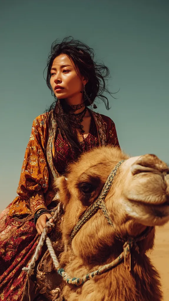 A young woman with long dark hair, dressed in a richly patterned, bohemian-style orange and red dress, sits atop a camel.  The sunlit scene suggests a desert environment. The woman's expression is serene yet pensive, her gaze directed away from the camera. The camel's fur is a warm, sandy brown. The overall aesthetic is one of warmth, adventure, and quiet contemplation.