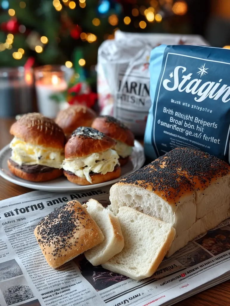 A cozy Christmas scene featuring a loaf of poppy seed bread, alongside three miniature buns with creamy fillings.  The bread and buns sit on a newspaper next to bags of flour, one labeled "Stagin," suggesting homemade baked goods. The blurry background showcases a decorated Christmas tree, adding to the festive atmosphere.  The overall impression is one of warmth and homemade holiday treats.
