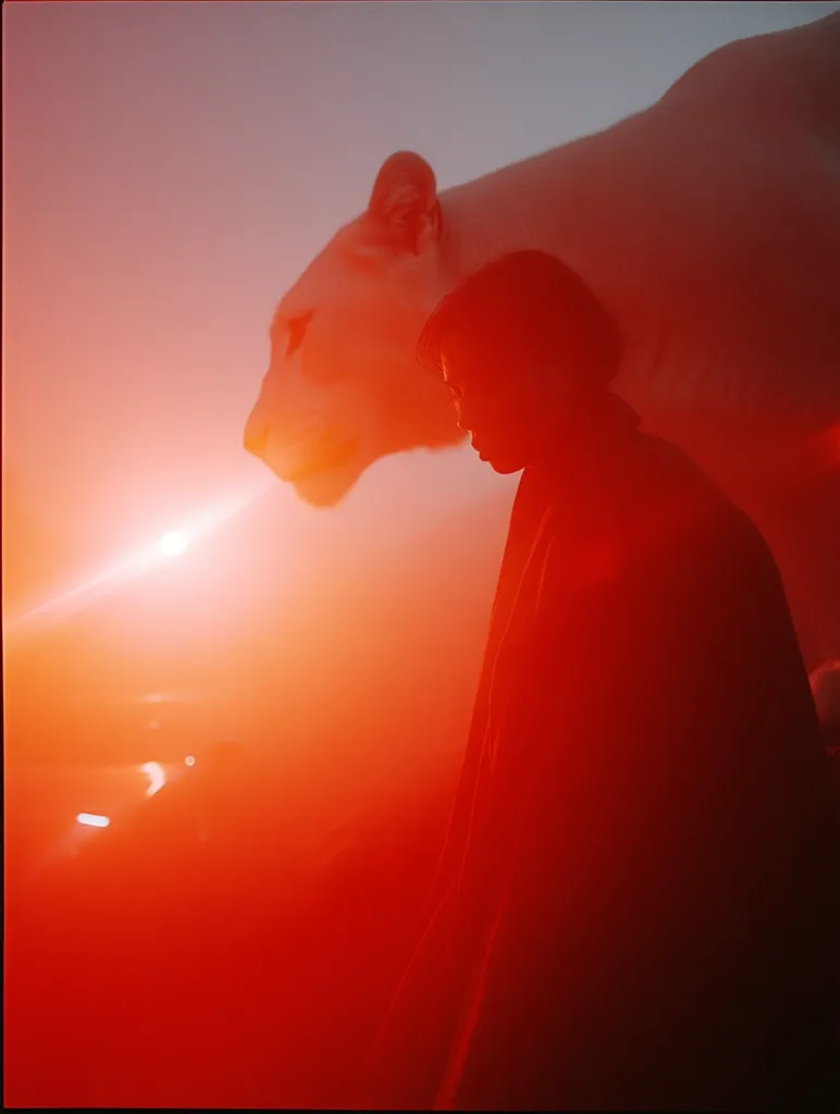 A person stands silhouetted against a large, white lion in a hazy, red-tinged light.  The image is heavily saturated with red, creating a dramatic and almost surreal atmosphere.  The lion is partially obscured by the fog or mist, and the person's features are indistinct. The overall effect is one of mystery and powerful juxtaposition.