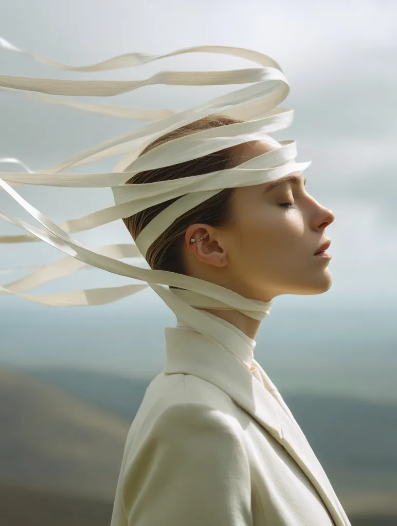 A woman in a cream-colored blazer stands outdoors, her eyes closed serenely.  Long, flowing white ribbons swirl around her head, creating a dynamic contrast against the calm of her expression and posture. The background is a soft blur of muted landscape, emphasizing the ethereal quality of the image. The overall mood is peaceful and contemplative.