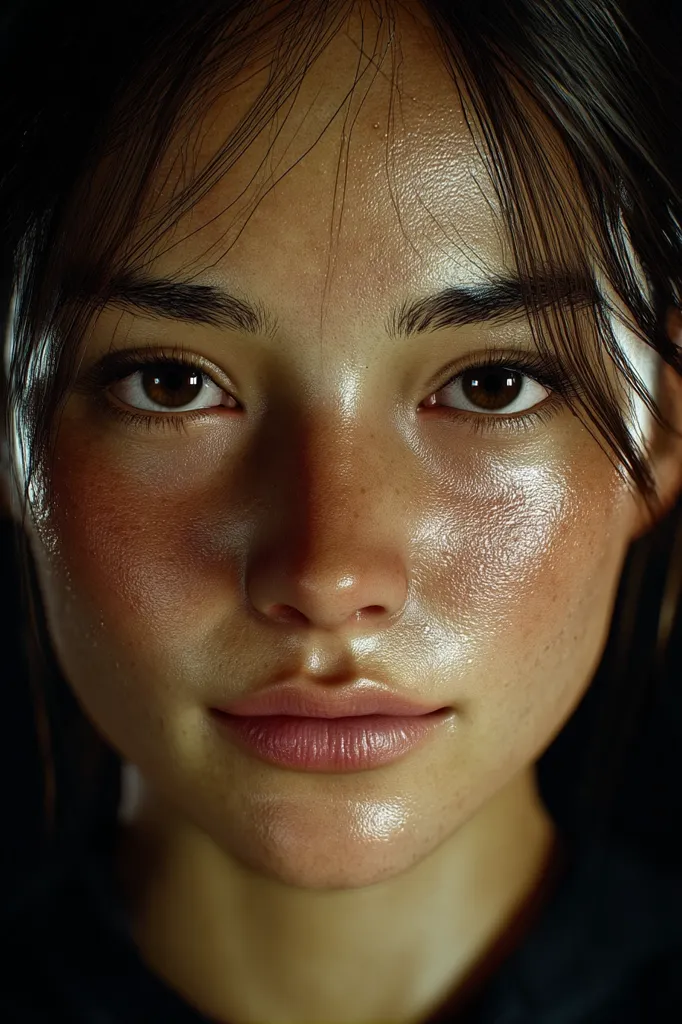 Close-up of a young woman's face.  Her skin is smooth with a subtle sheen, and her brown eyes are captivating.  Dark hair frames her face, partially obscuring her forehead.  She has a soft, almost pensive expression, and her lips are gently parted in a subtle smile. The lighting is soft and highlights the texture of her skin. The image is detailed and realistic, possibly digitally rendered.