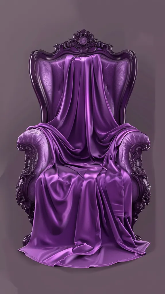 A regal, ornately carved armchair, dark purple in color, is draped entirely in a matching luxurious purple satin fabric.  The cloth pools elegantly on the floor, concealing most of the chair's details, creating a sense of mystery and opulence. The overall aesthetic is one of sophisticated darkness and regal formality.