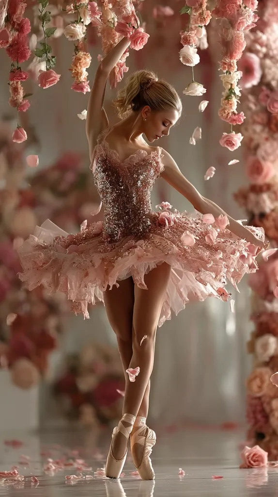 A ballerina, poised en pointe, wears a blush-pink tutu adorned with delicate floral accents.  She is surrounded by cascading pink roses and petals, creating a dreamy, ethereal atmosphere.  Her elegant posture and the soft lighting enhance the graceful beauty of the scene, capturing a moment of exquisite ballet artistry.