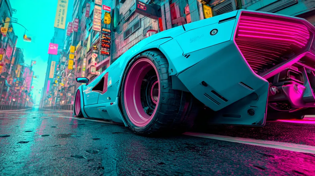 A vibrant, teal-colored futuristic sports car with pink rims is parked on a rain-slicked street in a neon-lit cyberpunk city. The car's design is sleek and futuristic, with glowing pink accents. The city backdrop is densely packed with tall buildings and vibrant signs, creating a visually striking contrast with the vehicle.  The wet asphalt reflects the city's lights, adding to the overall atmosphere.