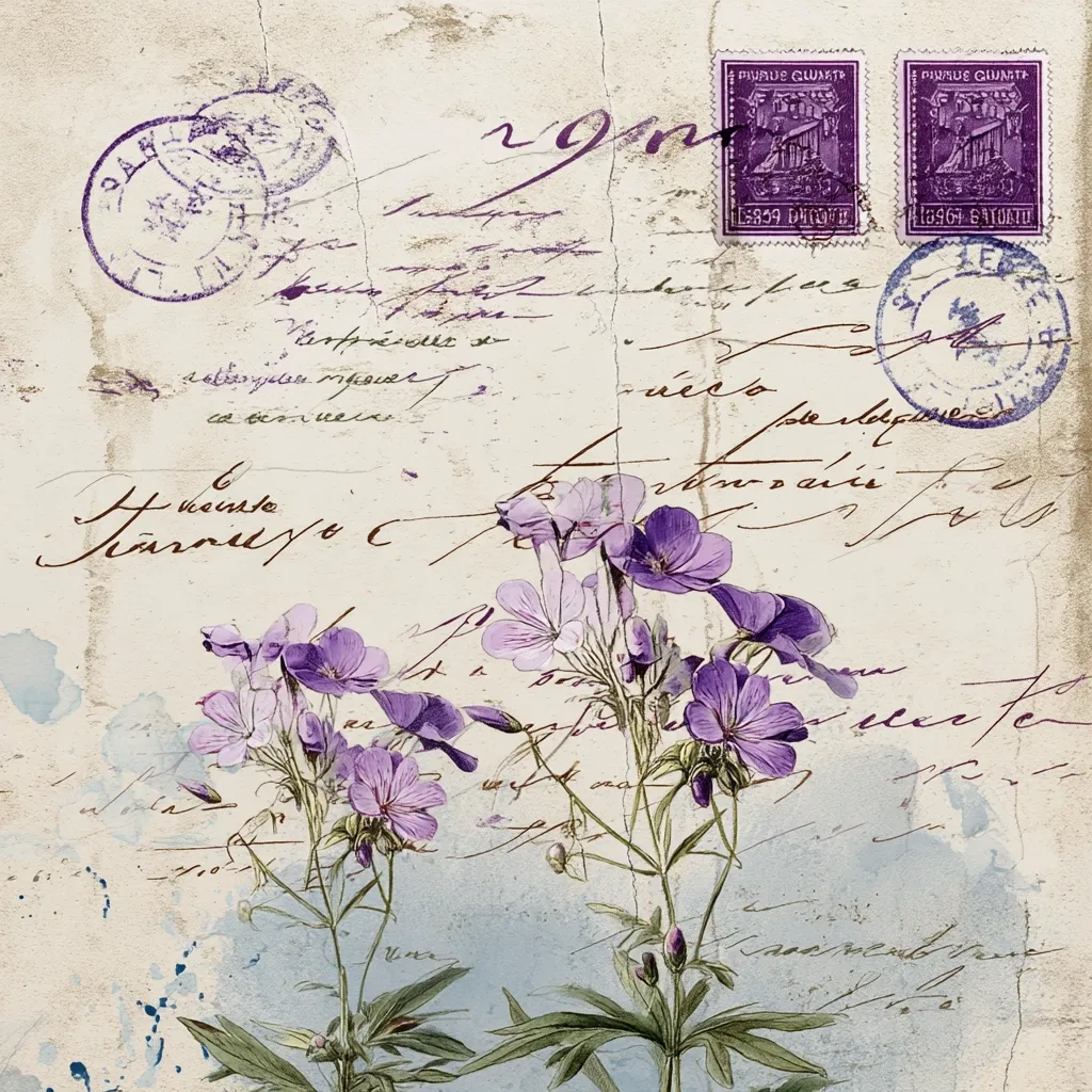 A vintage postcard design features a delicate watercolor painting of purple flowers, overlaid with aged handwritten script and several postage stamps. The background is a textured, off-white paper, suggesting age and wear. The overall aesthetic is romantic and nostalgic, reminiscent of old-world correspondence.  The purple flowers are the central focus, contrasting with the faded tones of the background and text.