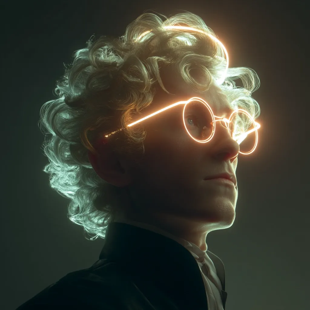 A stylized portrait of a young man with voluminous, light-colored curly hair.  He wears round, glowing glasses, and a halo of light encircles his head.  The image is dark, with the glowing elements creating a dramatic and ethereal effect.  His expression is serious and contemplative, his gaze directed upward. The overall aesthetic is futuristic and artistic.