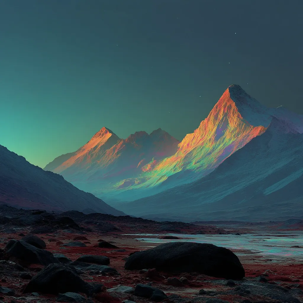 A surreal landscape unfolds under a twilight sky.  Rainbow-hued mountains dominate the scene, their peaks bathed in a warm, ethereal glow.  A dark, rocky foreground contrasts with the vibrant mountains, and a calm, reflective body of water stretches across the base.  The overall effect is one of otherworldly beauty and serene tranquility.
