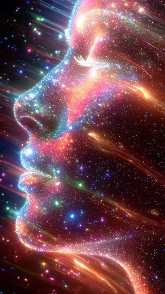 A vibrant, cosmic portrait of a woman's face.  Her features are formed by swirling nebulae of pink, orange, and blue, interspersed with glittering stars.  Streaks of light, like cosmic trails, flow around her, creating a dynamic and ethereal effect. The overall image suggests a connection between the human form and the vastness of space.
