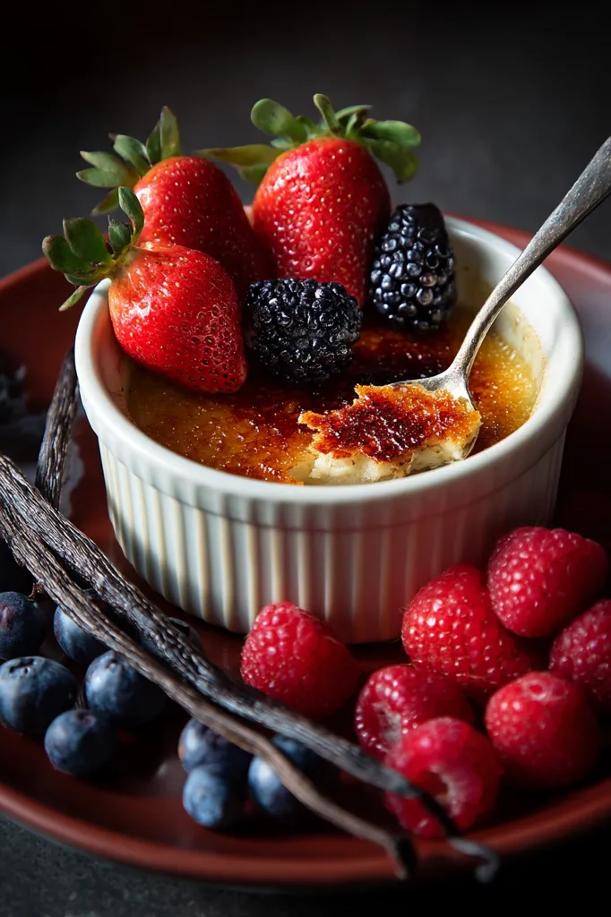 A ramekin of crème brûlée, its caramelized sugar crust glistening, is presented with a spoon taking a bite.  Fresh berries – strawberries, raspberries, and blackberries – surround the dessert, along with blueberries and vanilla beans on a rustic plate. The dark background enhances the vibrant colors of the dessert and its garnish.  The image evokes a feeling of warmth and indulgence.