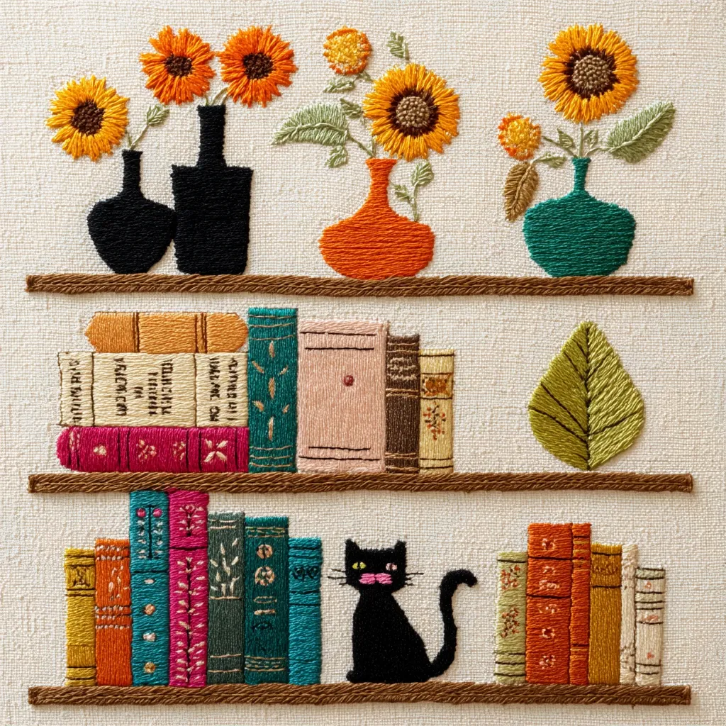 This embroidered artwork depicts a charming three-tiered shelf.  The top shelf displays sunflowers in various colored vases. The middle and bottom shelves are filled with stacks of colorful, embroidered books. A black cat sits serenely on the bottom shelf, next to the books.  A single green leaf is embroidered on the middle shelf, adding a natural touch to the composition. The overall style is simple yet elegant, creating a cozy and homely atmosphere.
