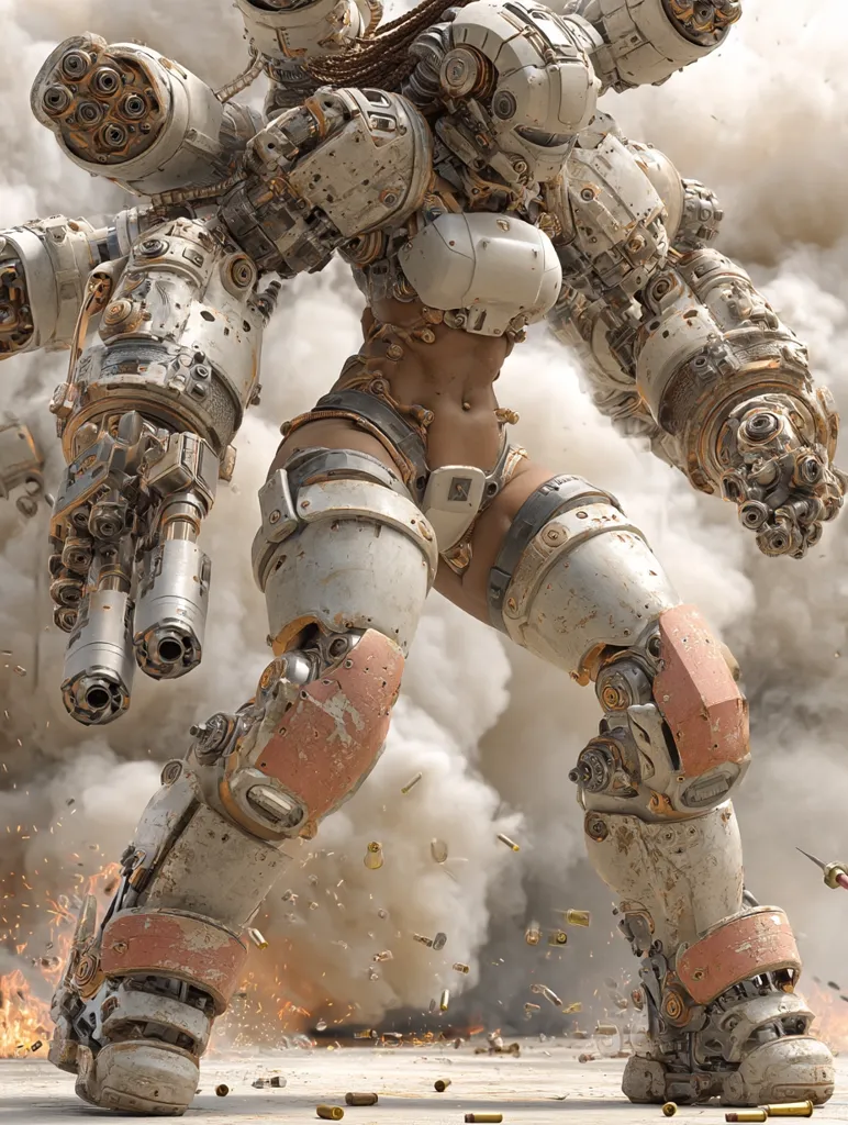 A female cyborg, clad in weathered white and orange armor, dominates the scene.  She wields powerful, multi-barreled weaponry, amidst a smoky battlefield littered with spent casings.  The intricate detail of the robotic limbs and exposed, muscular physique creates a striking contrast between organic and mechanical elements. The overall image evokes a powerful sense of action and futuristic warfare.
