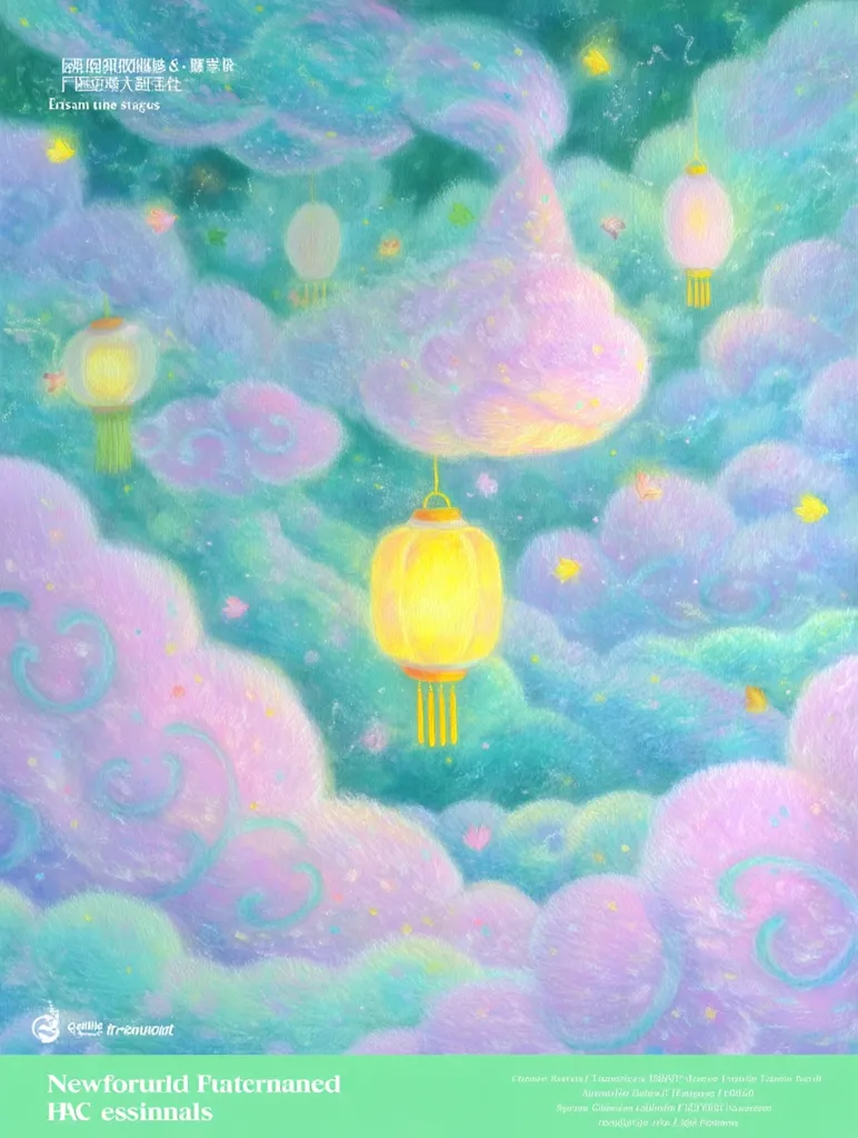 A pastel-colored illustration depicts a dreamy, ethereal scene.  Numerous fluffy clouds in shades of pink, purple, and teal fill the canvas, interspersed with glowing lanterns hanging gently.  Stars and small decorative elements add to the whimsical atmosphere. The overall style is soft and dreamlike, evoking a sense of serenity and fantasy.