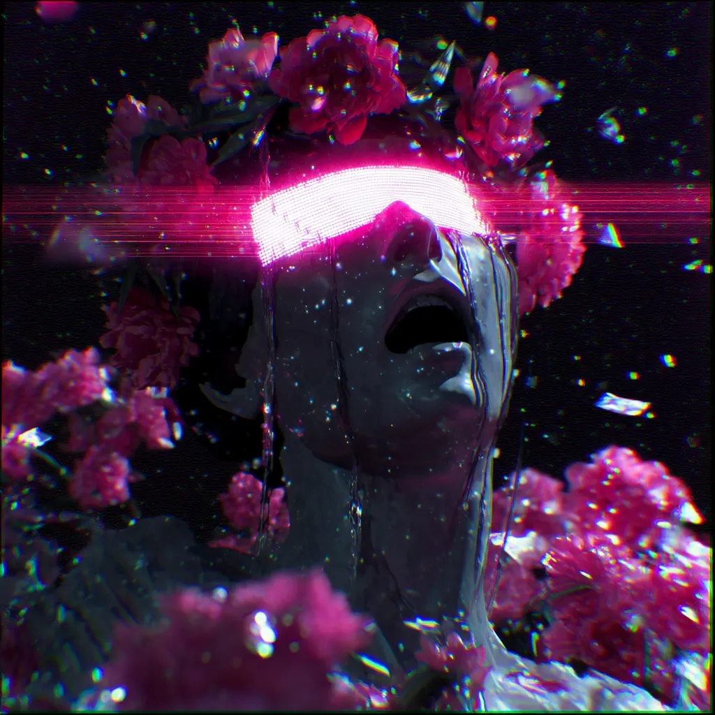 A digital artwork depicts a sculpted head, adorned with a floral crown, its eyes covered by a glowing pink visor.  Water streams down the face, which is contorted in a silent scream.  The background is dark, speckled with glitching effects and falling petals, creating a surreal and melancholic cyberpunk aesthetic.  Pink and magenta hues dominate the image's color palette.