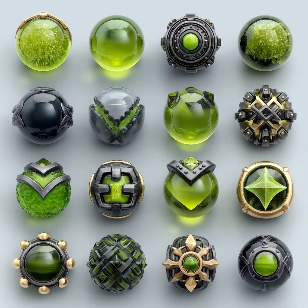 A grid displays sixteen spherical objects, each uniquely designed.  Half feature various shades of green glass, some with internal textures, others smooth. The other half are dark metallic spheres, intricately patterned with geometric designs and accents of gold or other metals.  The combination creates a visually striking contrast between organic and mechanical aesthetics.