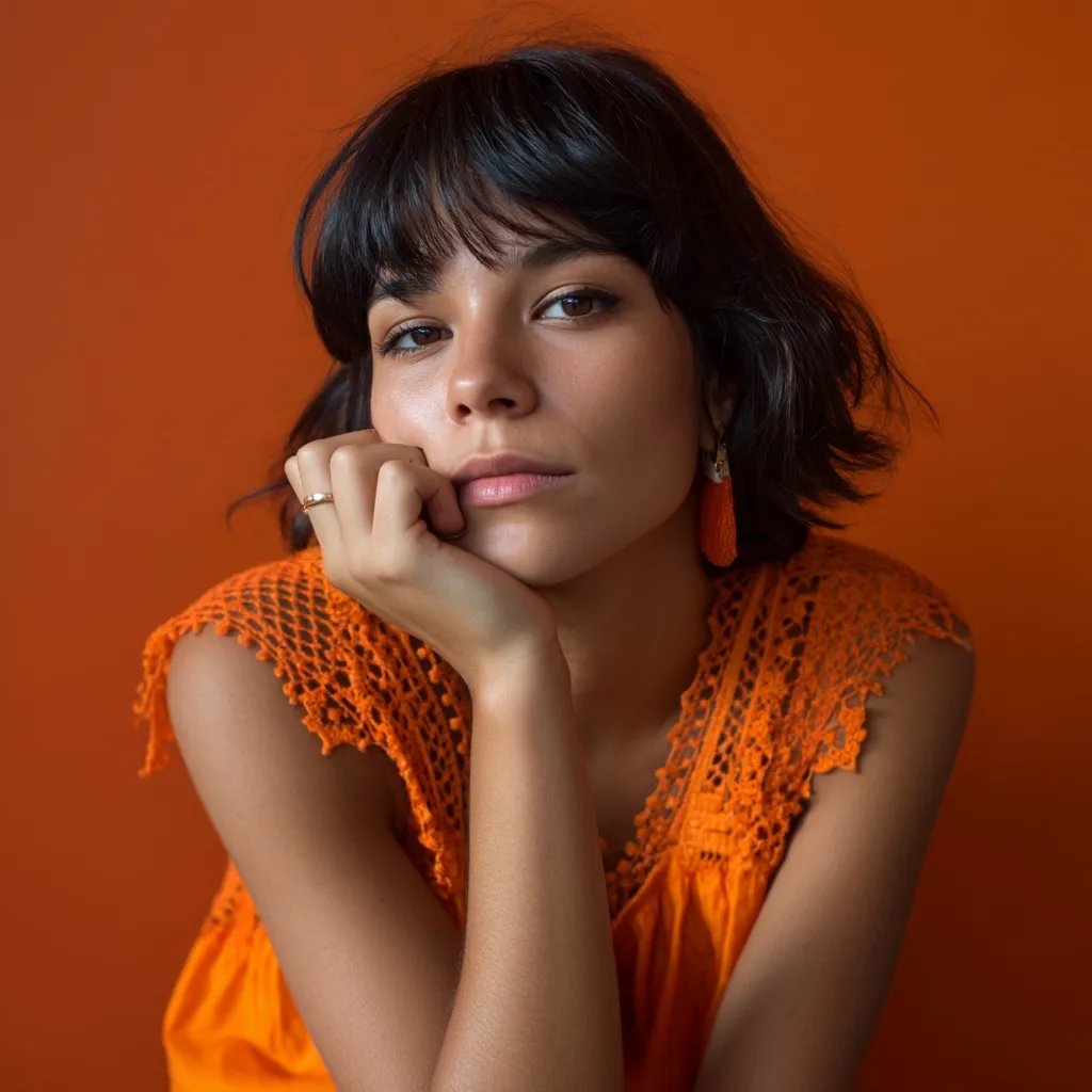 A young woman with dark, short hair and bangs rests her chin on her hand. She's wearing an orange crocheted sleeveless top and orange tassel earrings.  Her expression is pensive, and she's posed against a solid orange background.  The overall mood is contemplative and stylish.