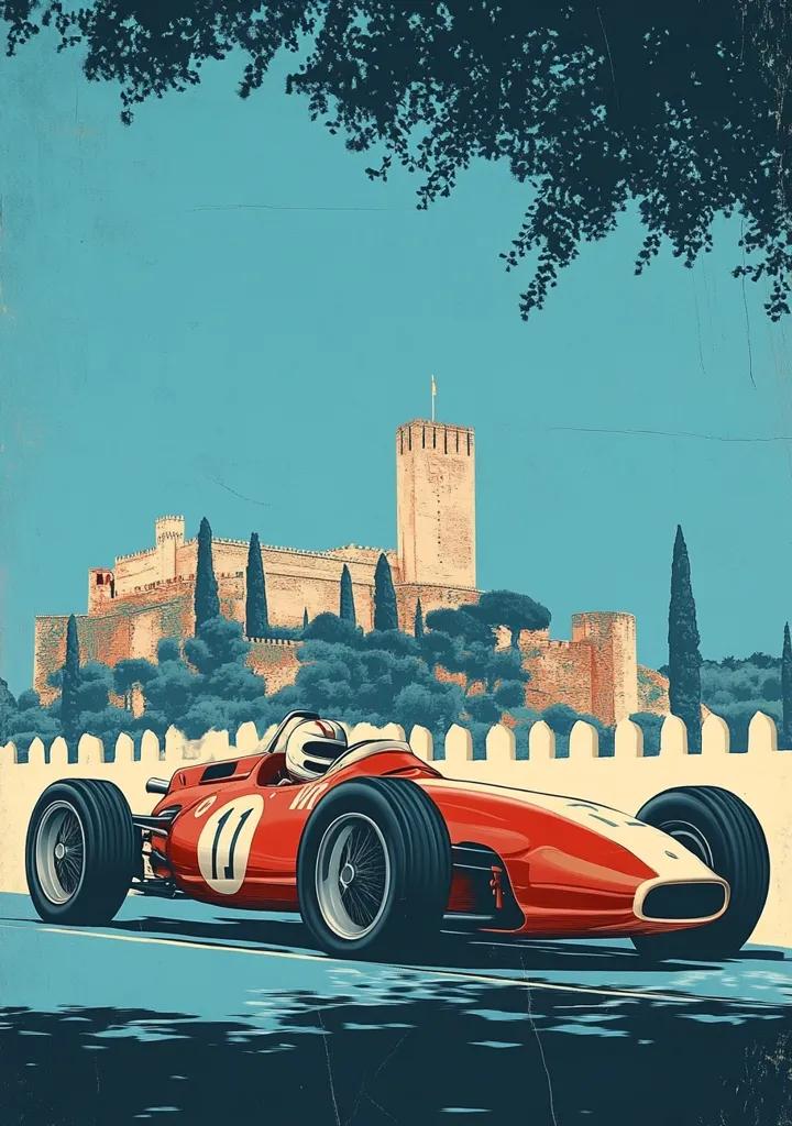 A vibrant illustration depicts a classic red Formula 1 race car speeding past a white picket fence.  In the background, a majestic castle with tall towers stands amidst lush greenery under a clear blue sky.  The scene evokes a sense of vintage motorsport and historical grandeur, possibly a European race setting. The artistic style is reminiscent of mid-century travel posters.