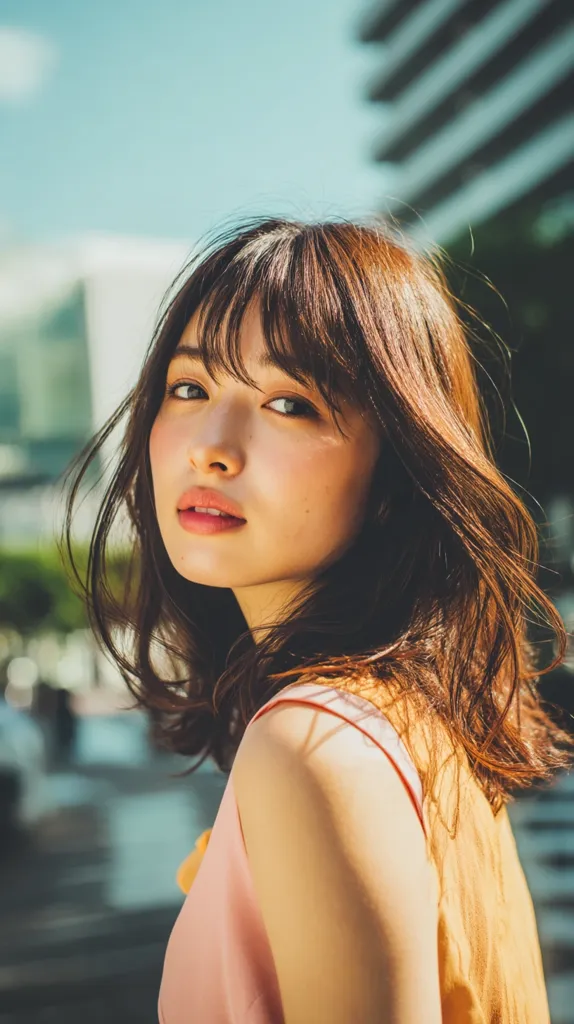 A young woman with shoulder-length brown hair and bangs looks over her shoulder.  Sunlight illuminates her face, highlighting her features. She's wearing a light pink sleeveless top, and the background is blurred, suggesting an urban setting. The overall mood is bright and cheerful.