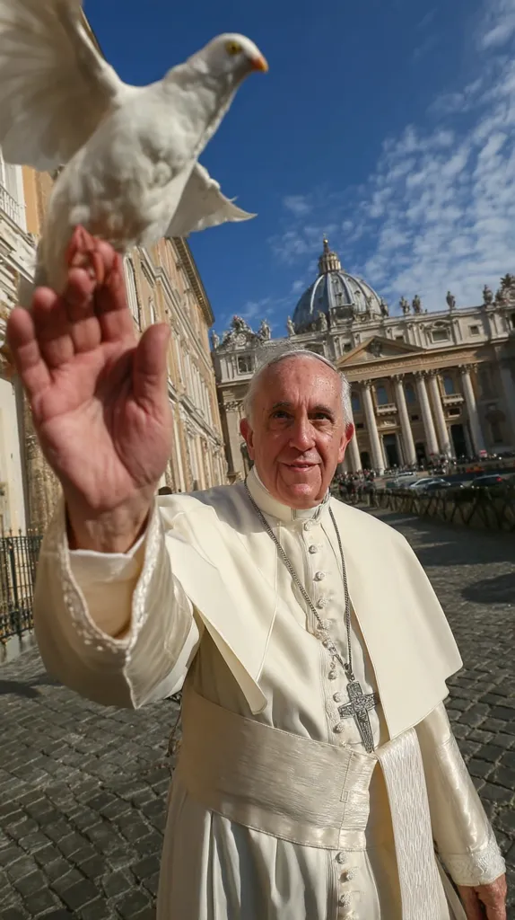 Pope Francis, in his white papal robes, stands in St. Peter's Square. A white dove approaches him, and he extends his hand towards it.  The Basilica di San Pietro forms a majestic backdrop under a bright, sunny sky.  The image conveys a sense of peace and spiritual leadership.