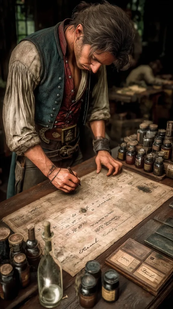 A man in 18th-century attire, possibly a pirate or apothecary, leans over a large, aged document meticulously detailing ingredients and quantities.  He holds a quill, poised to write.  Surrounding him are numerous small glass apothecary jars filled with various substances. The scene is dimly lit, suggestive of a cluttered, historical workspace. The overall mood is one of intense concentration and careful record-keeping.