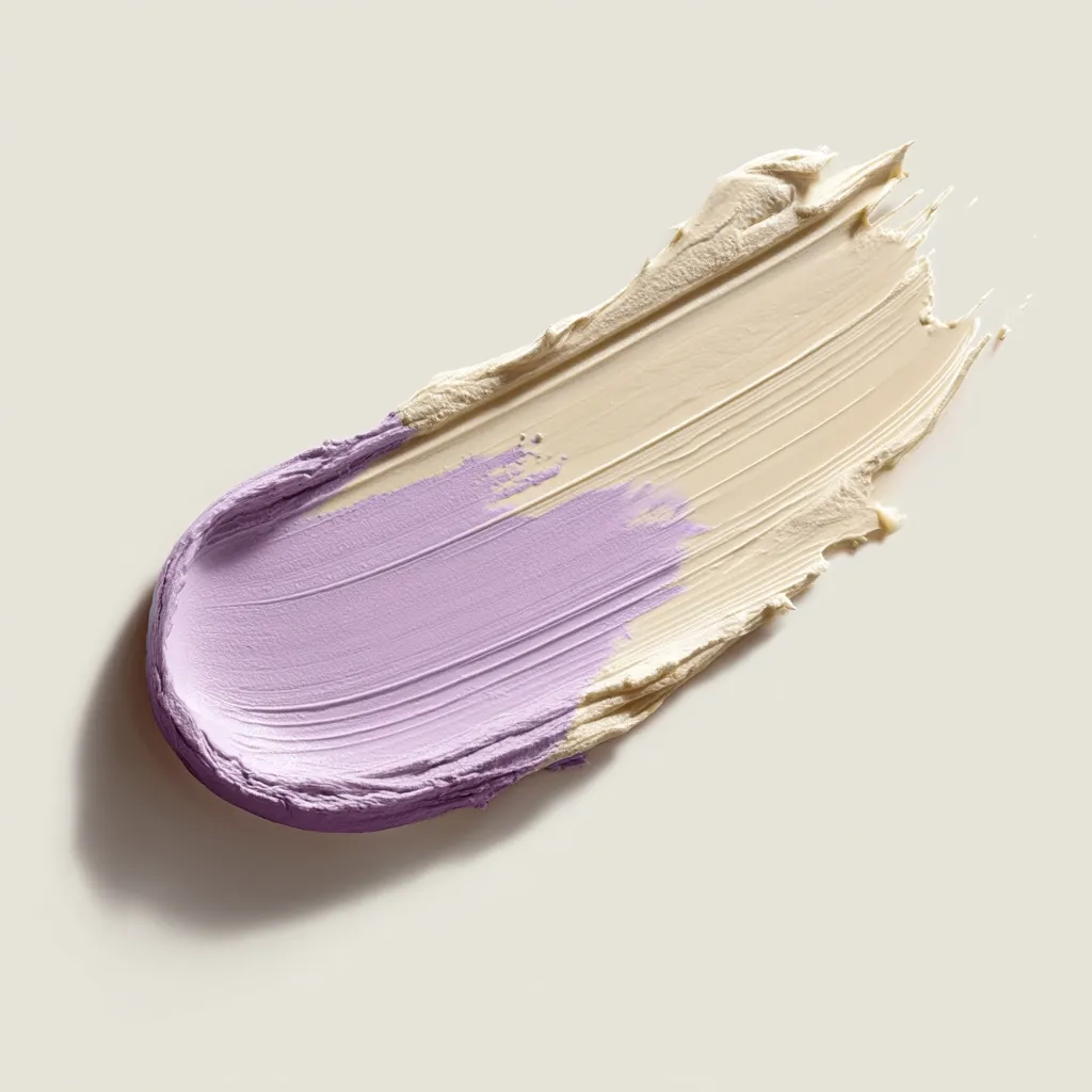 A swatch of creamy makeup shows two shades swirled together.  A pale lavender is blended with a beige, creating a textured, streaked effect.  The colors are soft and blend seamlessly. The swatch is presented on a light neutral background, highlighting the smooth consistency and subtle color variations.