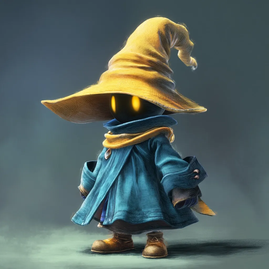 A digital painting depicts a Moogle, a fictional creature, standing against a muted gray-green backdrop.  The Moogle wears a large, floppy yellow hat, a teal robe, and brown boots. Its face is a dark sphere with glowing yellow eyes.  The style is reminiscent of character art from video games, with a slightly textured, painterly feel. The Moogle's posture is slightly hunched, adding to its charming and whimsical appearance.
