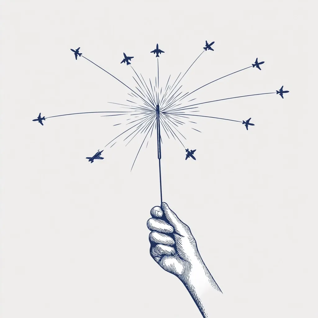 A hand holds a lit sparkler, its fiery trails resembling the flight paths of numerous airplanes radiating outwards. The image is a stylized line drawing, evoking a sense of celebration, departure, or perhaps even a controlled release of multiple aircraft.  The dark blue lines against a light background create a clean and elegant aesthetic.