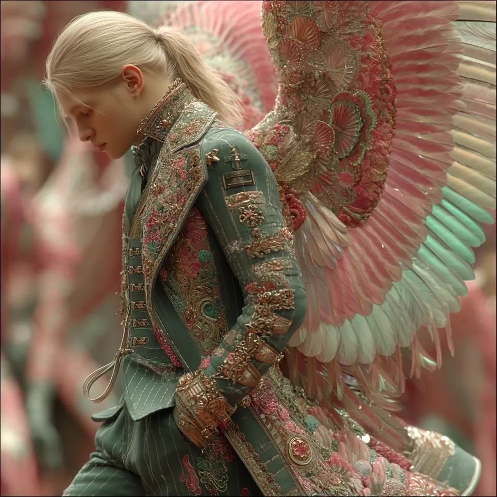A fair-skinned, blonde young man with a ponytail is depicted wearing an ornate, green matador-style jacket heavily embellished with gold embroidery and pink floral details.  He has large, intricately detailed, pastel-colored wings extending from his back.  The scene is softly focused, suggesting a dreamy, fantastical setting.  His posture is slightly bowed, adding to the ethereal and melancholic atmosphere.