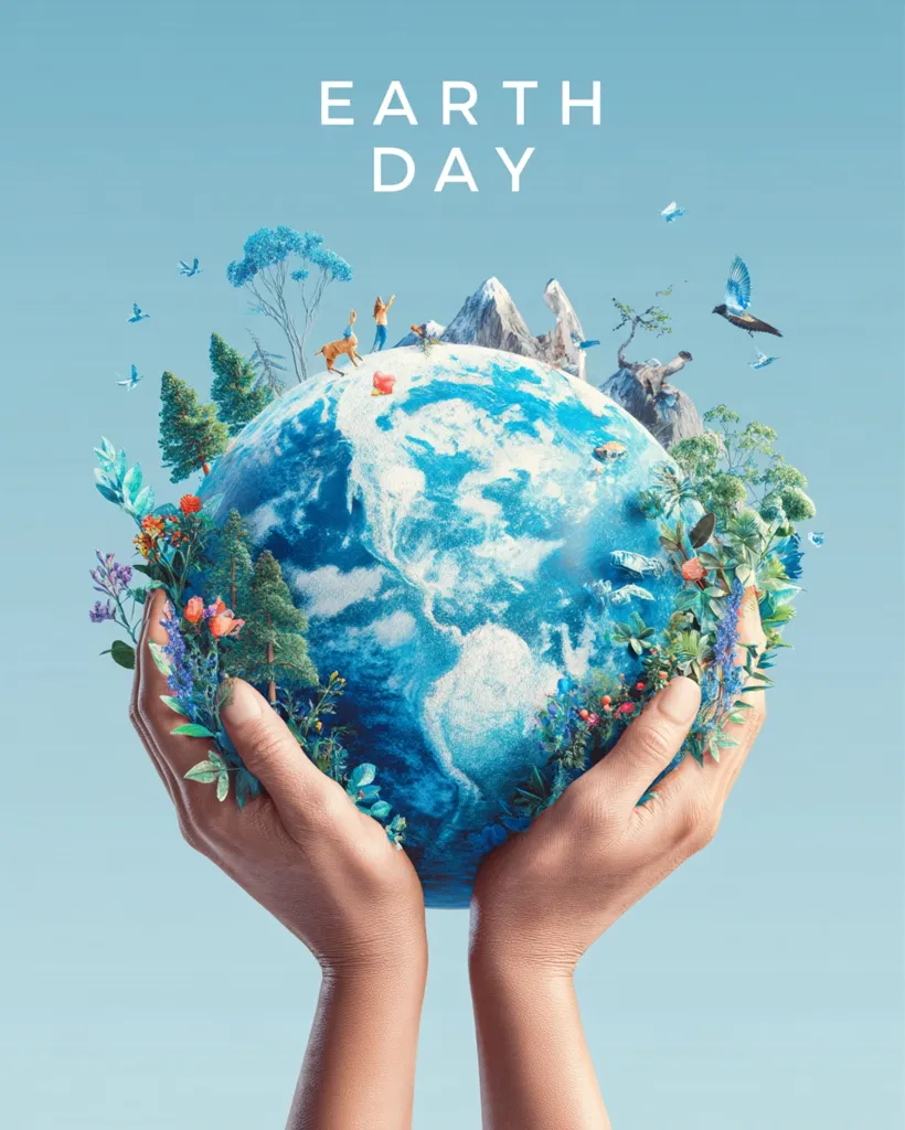 A pair of hands gently cradles a miniature Earth adorned with lush vegetation, mountains, and tiny human figures.  Birds fly around the globe, creating a vibrant and symbolic image for Earth Day. The words "EARTH DAY" are prominently displayed above, emphasizing the message of environmental preservation and celebration.  The overall tone is one of hope and responsibility towards our planet.