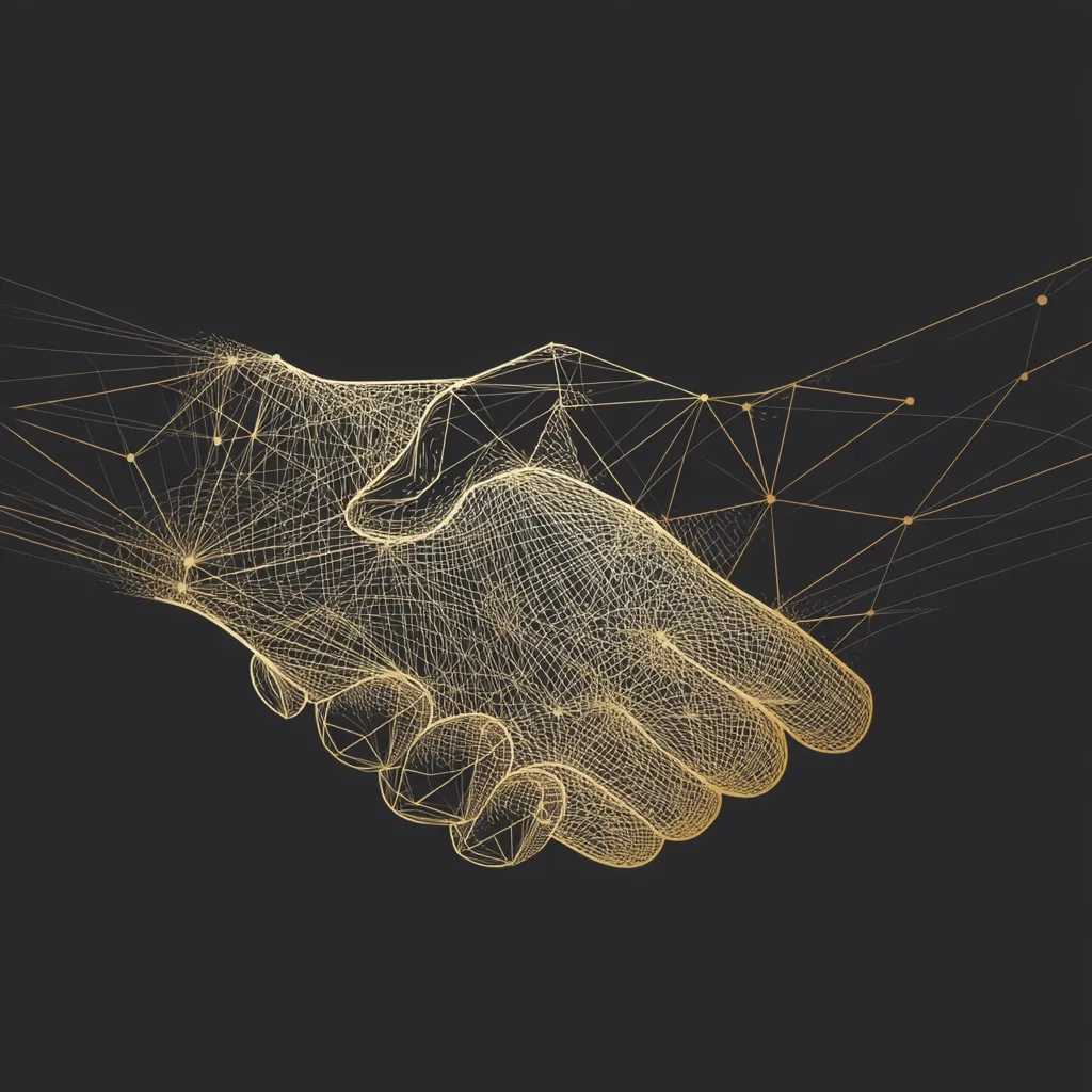 A digital illustration depicts two hands clasped in a handshake, rendered in a golden wireframe style against a dark background.  The intricate network of lines and points creates a sense of connection and collaboration. The image suggests a modern, technological interpretation of partnership or agreement.  The golden hue adds a touch of elegance and sophistication.