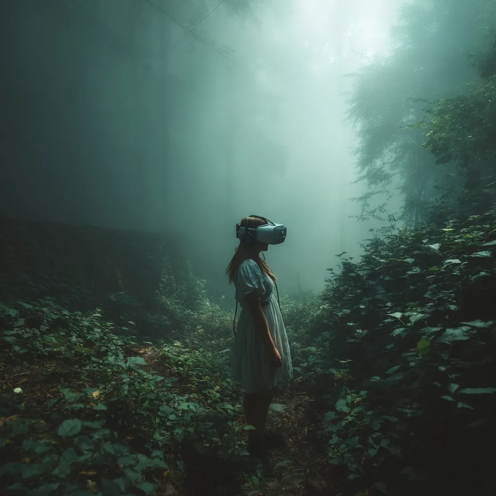 A woman wearing a virtual reality headset stands in a misty, green forest.  The scene is atmospheric and evokes a sense of mystery and perhaps a blurring of reality and the virtual world.  The lush vegetation and fog create a dark, almost otherworldly ambiance.  The woman's white dress contrasts with the deep green surroundings.