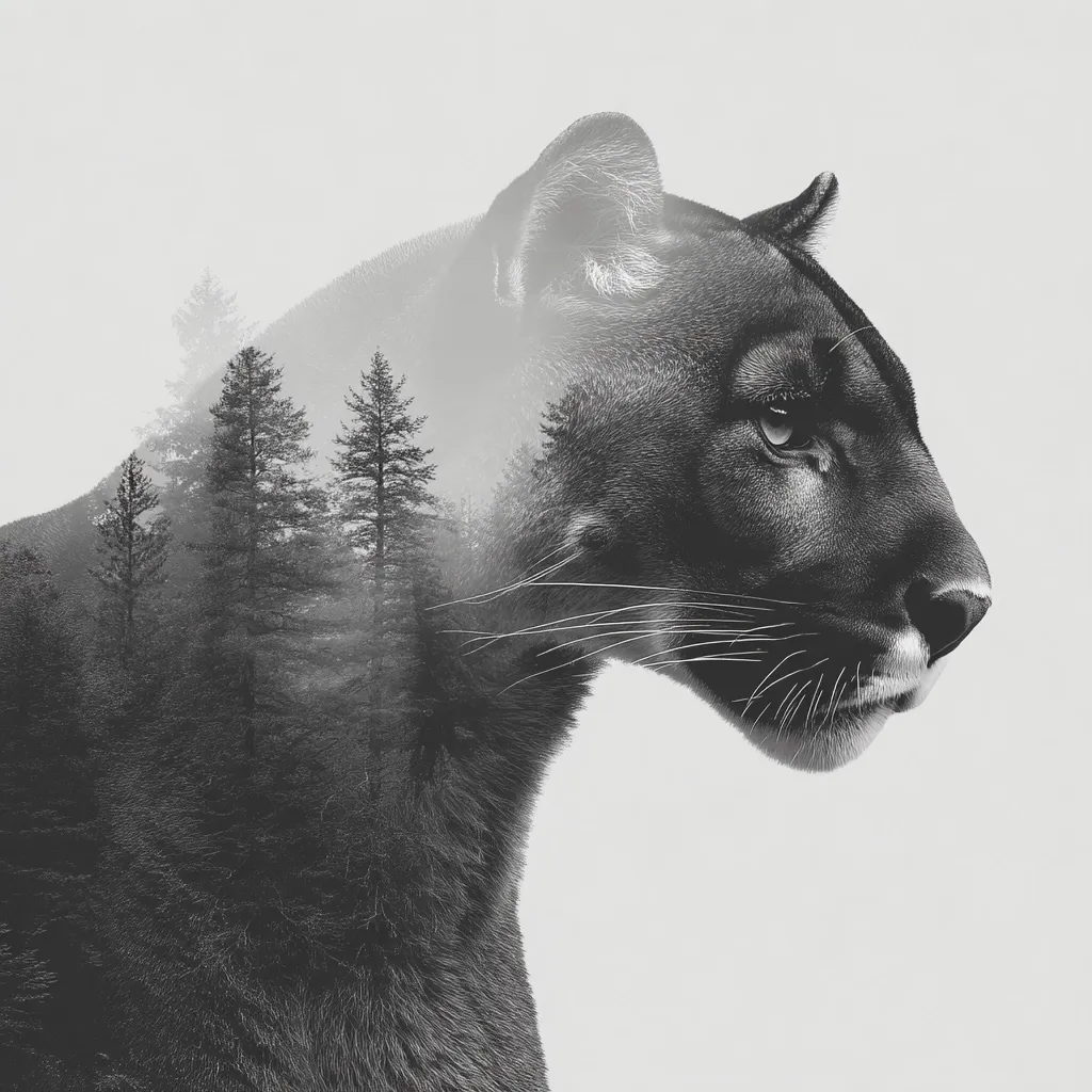 A captivating monochrome double exposure image showcases a cougar's profile, seamlessly blended with a misty forest scene.  The cougar's fur appears textured and powerful, while the ethereal trees within its form create a sense of mystery and unity between the wild animal and its natural habitat. The overall effect is striking and evocative of the untamed wilderness.
