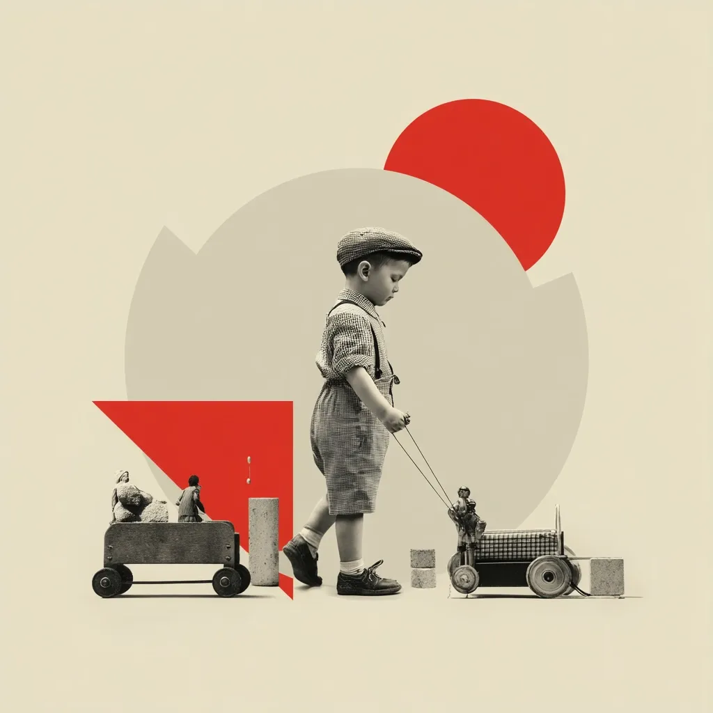 A sepia-toned illustration depicts a young boy in overalls pulling two toy wagons.  One wagon carries stuffed animals, the other, miniature figures.  Geometric red shapes and a large off-white circle are layered behind the scene, creating a modern, collage-style aesthetic. The overall mood is nostalgic and slightly melancholic.