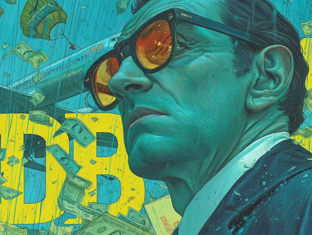 A stylized illustration features a man in a suit and sunglasses, rain pouring down around him, with money falling from the sky.  A plane is visible in the background, possibly suggesting a heist or escape. The artwork is predominantly teal and yellow, with a textured, almost sketched quality.  The man's expression is serious and intense. The overall style is reminiscent of graphic novel art or a film poster.