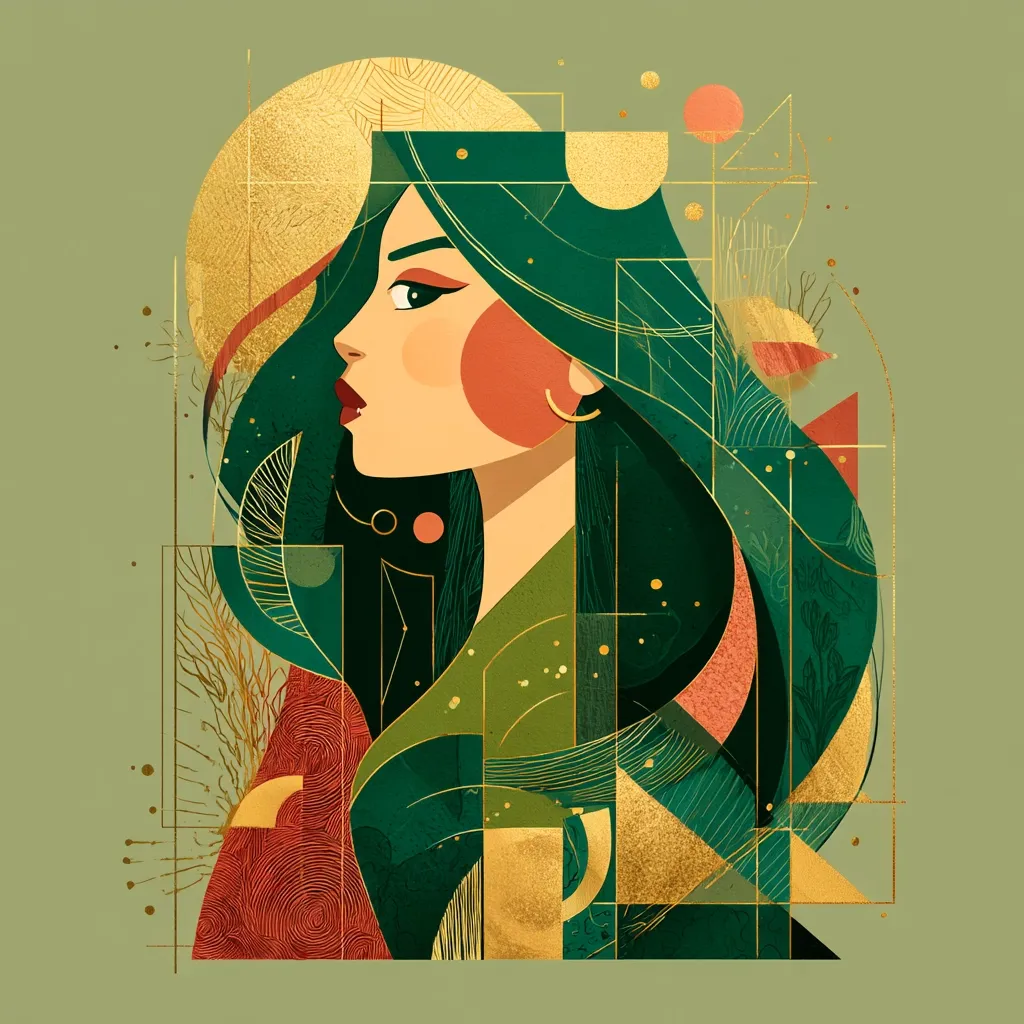 A stylized portrait of a woman with long, dark green hair.  The illustration uses geometric shapes and gold accents against a muted green background.  Earthy tones of red and gold complement the green, creating a sophisticated and modern aesthetic.  The woman's profile is prominent, and her expression is serious and calm.  The artwork blends abstract and figurative elements, resulting in a visually striking piece.