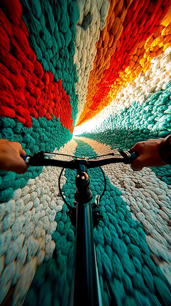 A first-person perspective shows a cyclist riding a bike through a swirling tunnel of vibrant, textured fabric.  The tunnel's walls are composed of colorful, densely packed yarn in shades of teal, orange, and white, creating a mesmerizing, almost hypnotic effect. The speed of the bike enhances the motion blur, making the textile pattern appear dynamic and energetic.