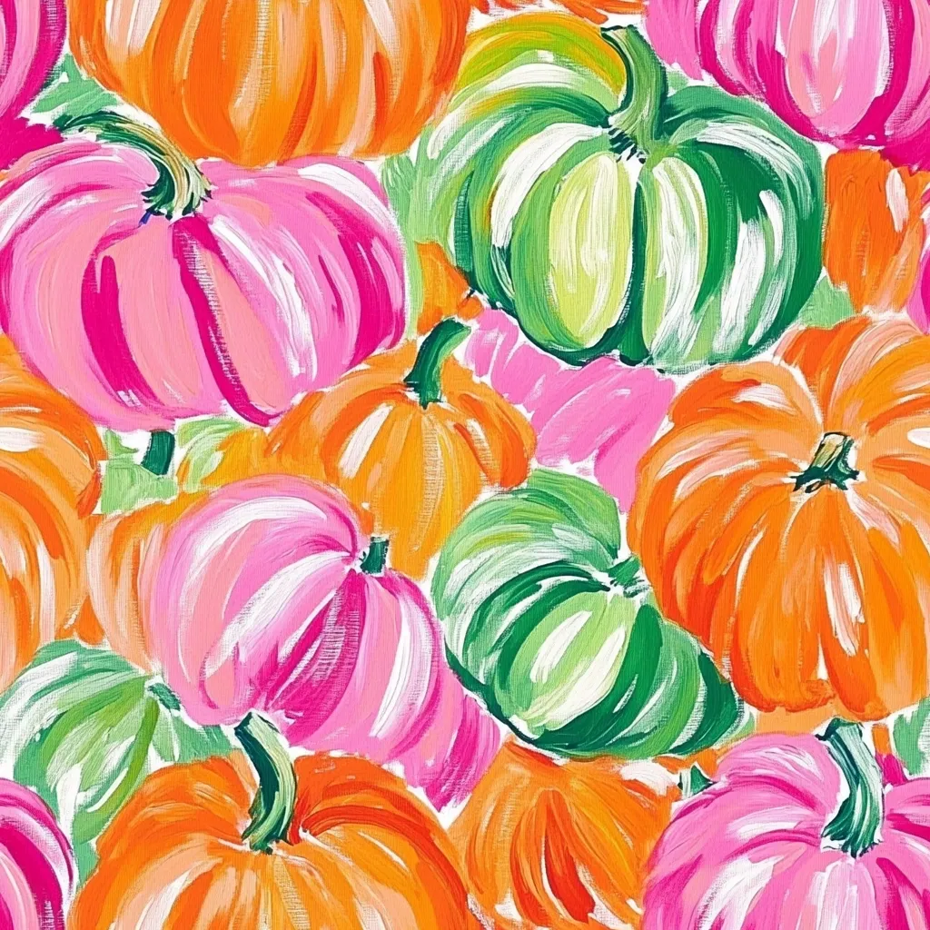 A vibrant painting showcases a profusion of pumpkins in various shades of pink, orange, and green.  The pumpkins are depicted with bold brushstrokes, creating a textured and expressive effect.  The colors are bright and cheerful, suggesting a festive autumnal theme. The composition is dense, with pumpkins overlapping to create a sense of abundance.