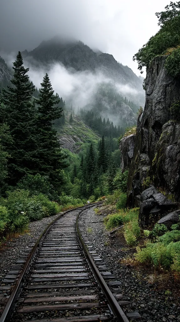 A curving railway track winds through a lush, misty mountain valley.  Towering evergreen trees line the tracks, their dark green contrasting with the grey, fog-shrouded peaks.  A rocky cliff face rises sharply on the right, adding to the dramatic scenery. The overall atmosphere is moody and serene, hinting at a remote and untouched wilderness.