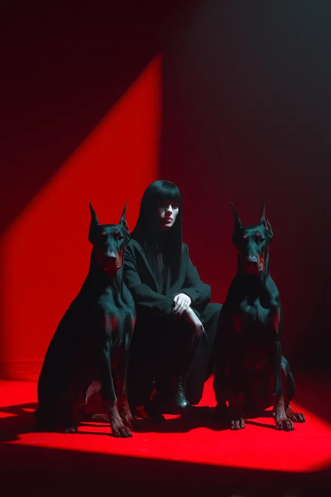 A woman with long black hair sits on a red floor between two Doberman Pinschers.  She's dressed in black, and the dogs flank her, their dark coats contrasting sharply against the vibrant red background.  The dramatic lighting casts strong shadows, creating a moody and intense atmosphere. The overall image is styled with a dark, edgy aesthetic.