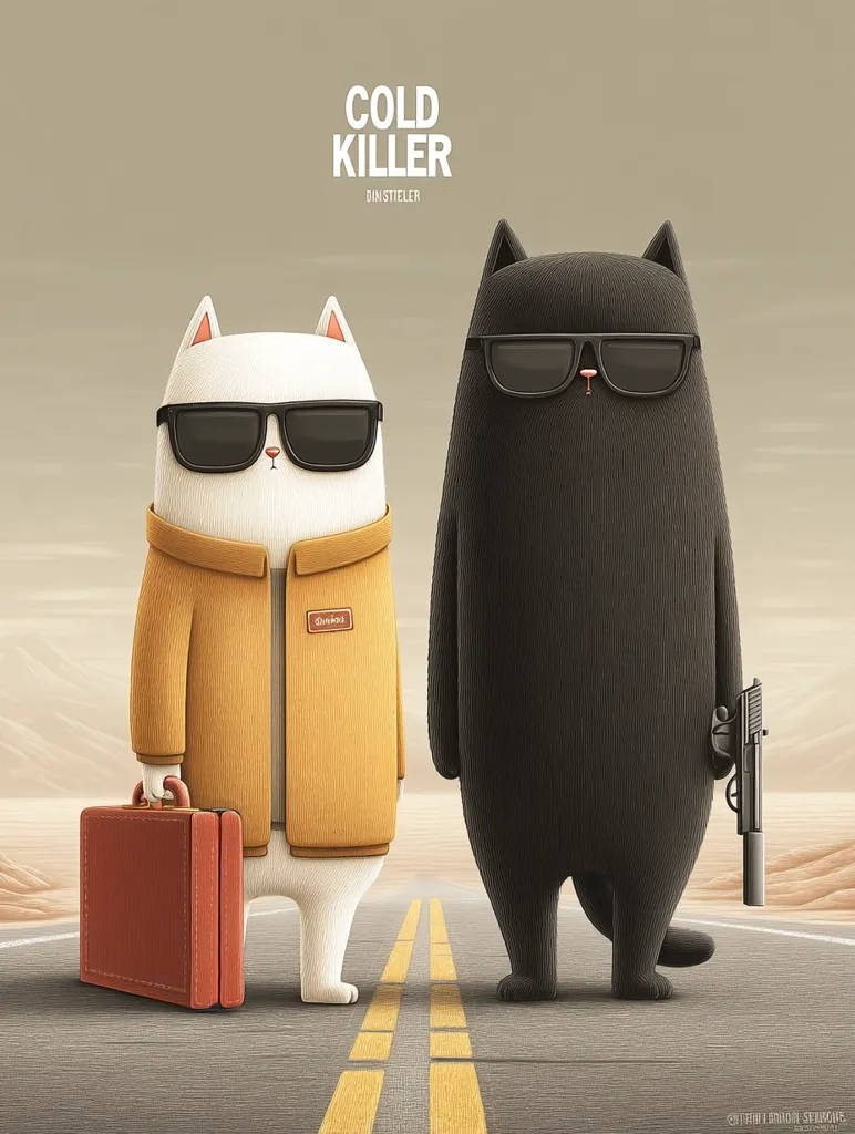 A stylized illustration titled "Cold Killer" by DinStieler depicts two anthropomorphic cats on a desert road.  A white cat in a mustard-yellow jacket carries a briefcase, while a black cat holds a handgun. Both wear sunglasses, presenting a contrasting yet coordinated image suggestive of a crime thriller or noir aesthetic.  The overall style is minimalist and humorous.