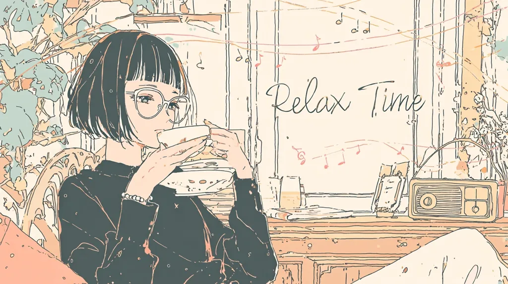 A young woman with short black hair and glasses sits comfortably, enjoying a warm beverage in a cozy room.  The illustration, in a soft, pastel color palette, depicts a relaxing atmosphere.  The words "Relax Time" are prominently displayed, along with musical notes strung across the window, enhancing the peaceful mood.  The scene includes plants, a vintage radio, and books, adding to the overall tranquil setting.