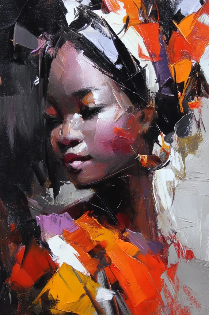 An expressive oil painting portrays a young woman with dark skin, her face partially obscured by a vibrant head wrap in oranges and whites.  The style is impasto, with thick, visible brushstrokes creating a dynamic energy.  The colors are bold and contrasting, showcasing deep reds, oranges, and blacks against lighter grays and whites.  Her gaze is downward, adding to the painting's contemplative mood. The overall effect is both powerful and evocative.
