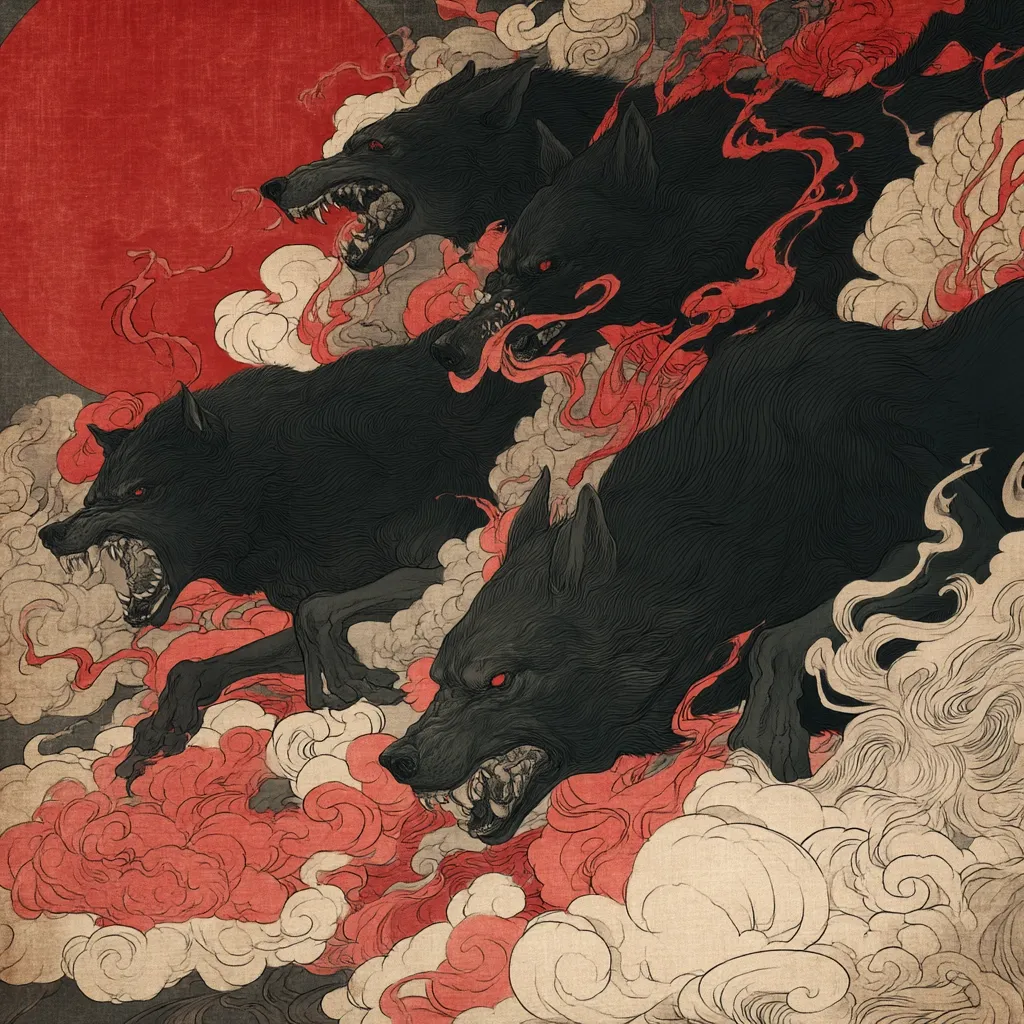 A dramatic illustration depicts four snarling black wolves amidst swirling red and beige clouds, set against a large red sun.  The wolves are rendered in detailed, dark lines, their eyes glowing red. The style evokes a sense of Japanese woodblock prints with a modern, ominous twist. The overall mood is fierce and mystical.
