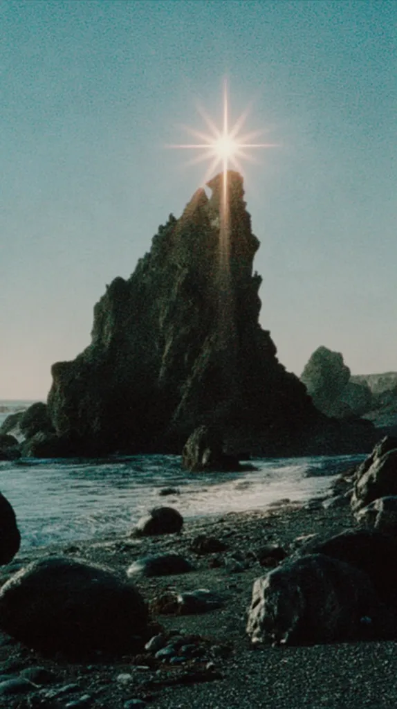 A dramatic coastal scene unfolds, featuring a towering, dark rock formation silhouetted against a serene, sun-kissed sky.  The sun's rays create a starburst effect directly above the peak.  The foreground shows a pebbled beach, with large, dark boulders scattered along the water's edge, where gentle waves lap the shore. The overall mood is one of peaceful solitude and natural grandeur.