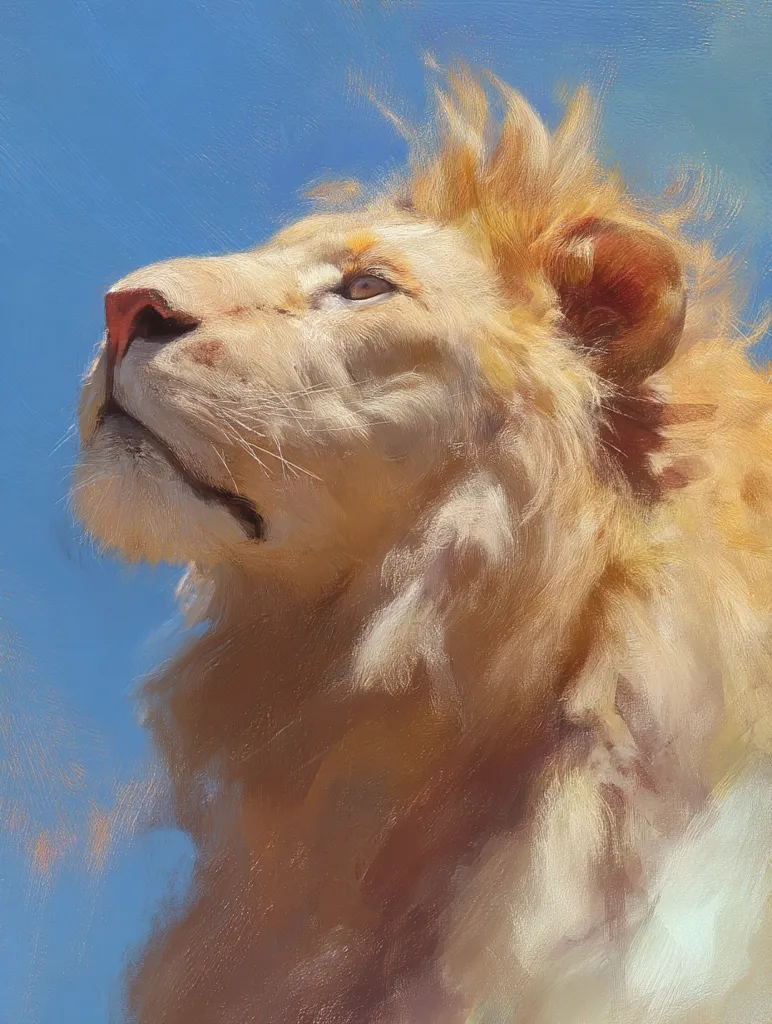 A painting depicts a majestic lion, its creamy fur highlighted by sunlight against a vibrant blue sky. The lion's head is tilted upward, gazing towards the heavens, its expression serene and regal.  The artist's brushstrokes create a textured, almost impressionistic effect, capturing the lion's soft fur and the warmth of the light.  The overall mood is one of peaceful majesty.