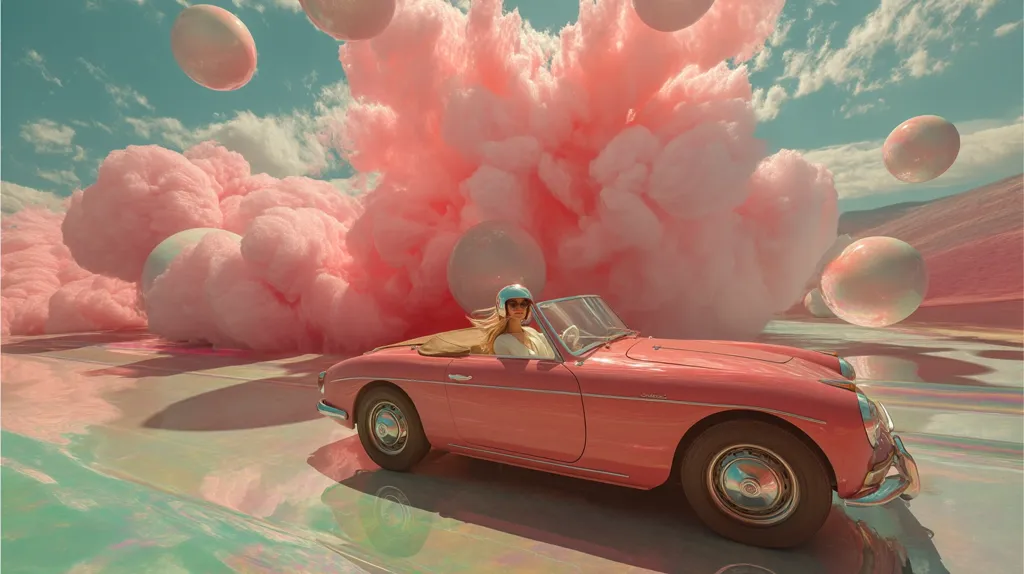 A woman in a silver helmet drives a pink convertible through a surreal landscape.  Giant, cotton candy-like clouds fill the sky and the ground reflects iridescent colors. Large, translucent spheres float around her, creating a dreamlike, whimsical atmosphere. The scene is vibrant and saturated, with a retro aesthetic.