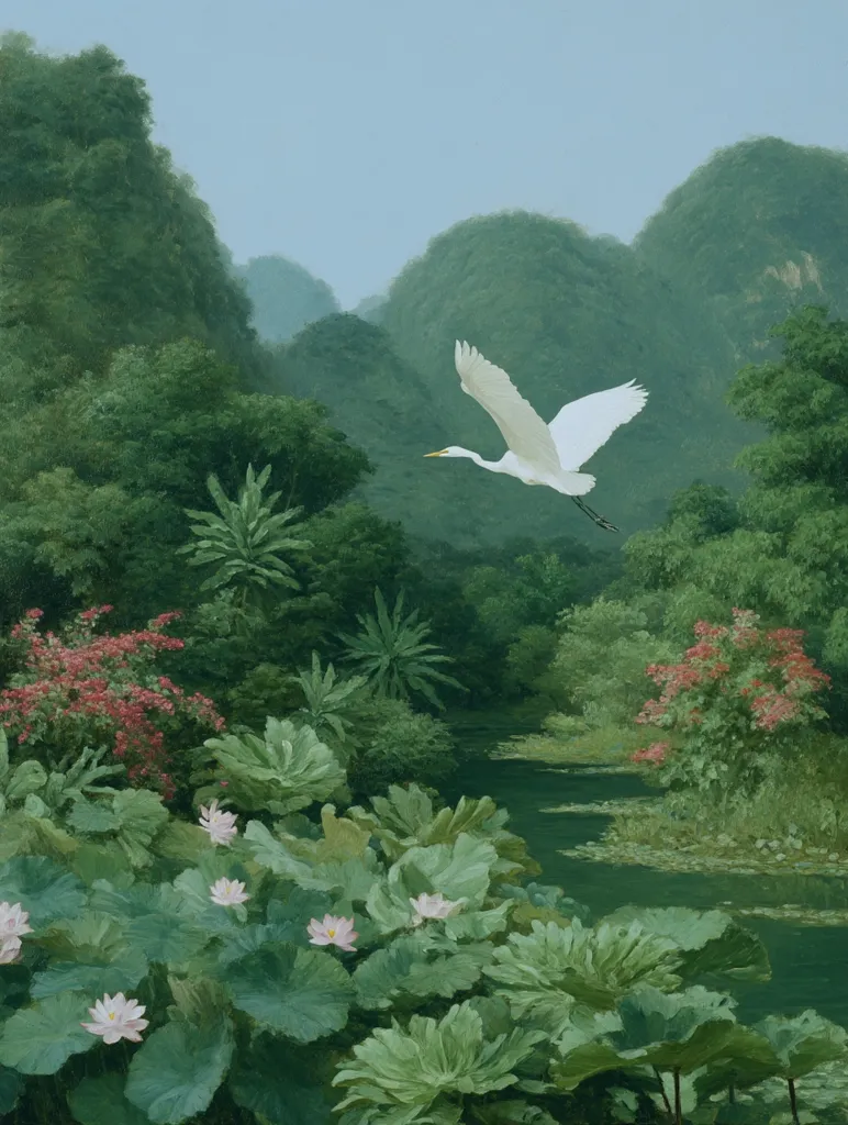 A serene landscape painting depicts a white egret in flight over a lush, tranquil river.  The river winds through a verdant valley nestled between rolling green hills.  Lush tropical foliage, including large lotus leaves and pink flowers, lines the riverbanks, creating a peaceful and idyllic scene. The painting's muted greens and soft light evoke a sense of calm and natural beauty.