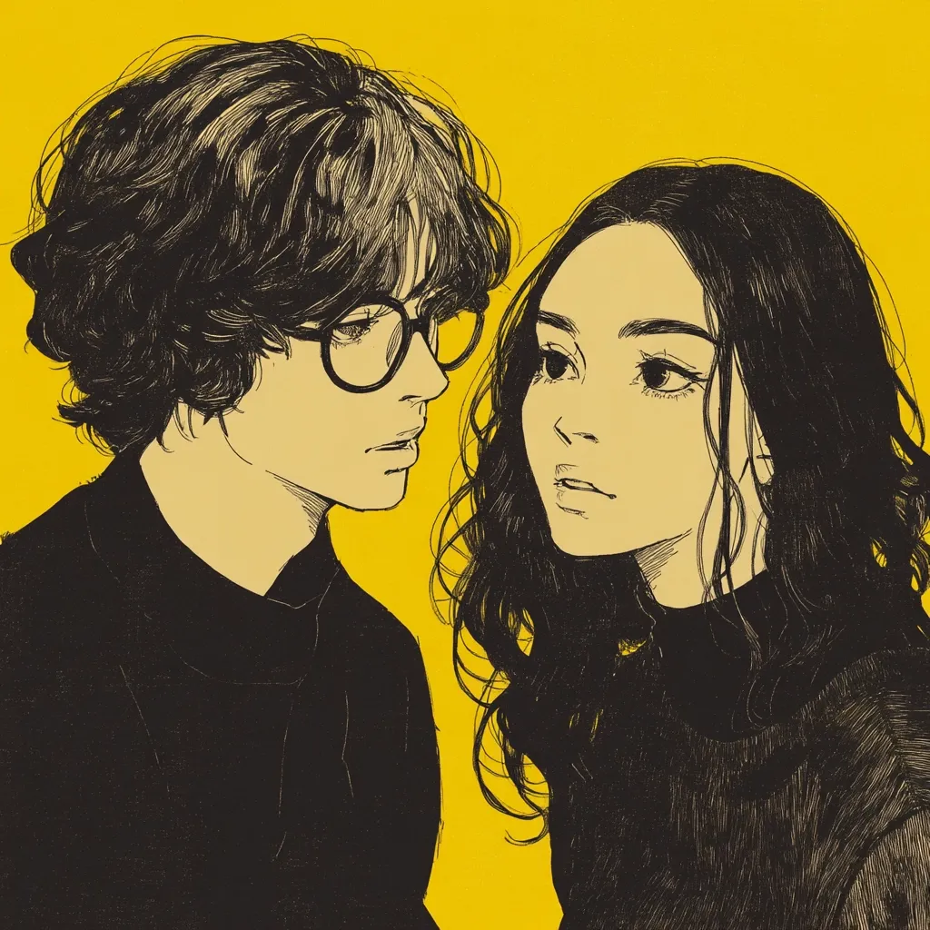 A stylized illustration showcases a young couple against a vibrant yellow backdrop. The man, with his curly hair and glasses, gazes intently at the woman, who returns his look with a subtle, pensive expression. Both are depicted in black, creating a striking contrast against the yellow background, enhancing the piece's artistic impact.  Their dark clothing and hair further emphasize the contrast.  The overall style is reminiscent of manga or graphic novel art.