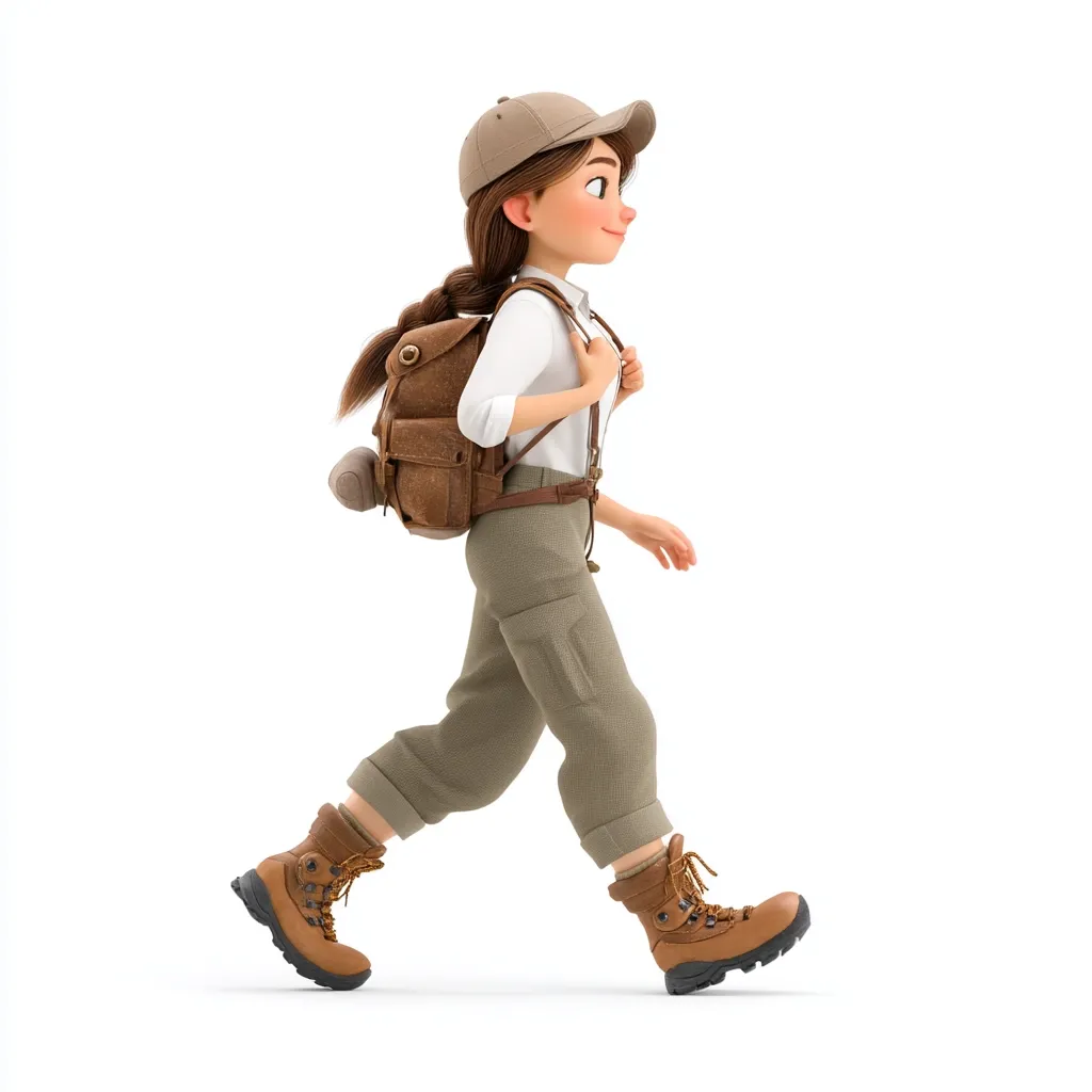 A 3D-rendered cartoon girl strides confidently, her brown backpack secured.  She wears khaki cargo pants, sturdy hiking boots, and a beige baseball cap, completing her adventurous look with a white shirt.  Her long brown braid flows behind her as she walks, suggesting a journey ahead.  The scene is set against a stark white background, emphasizing the character.