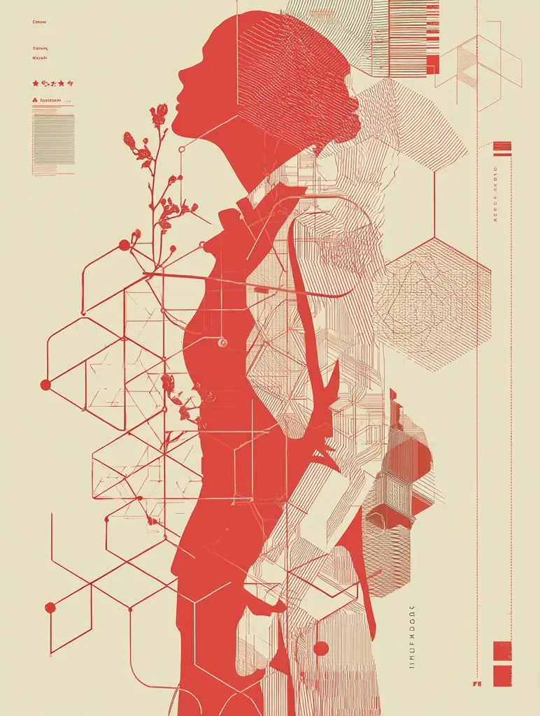 A stylized illustration depicts a red silhouette of a woman, possibly representing technology or data.  Overlaid are geometric patterns of hexagons and lines, suggesting interconnectedness and systems. A small plant adds a touch of nature, contrasting with the technological elements. The overall aesthetic is minimalist and abstract, with a muted color palette. The style is reminiscent of graphic design and data visualization.